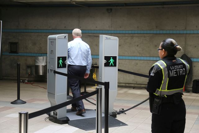 Evolv Technology scanners during a voluntary run in the Los Angeles County Metro rail system in August 2017.